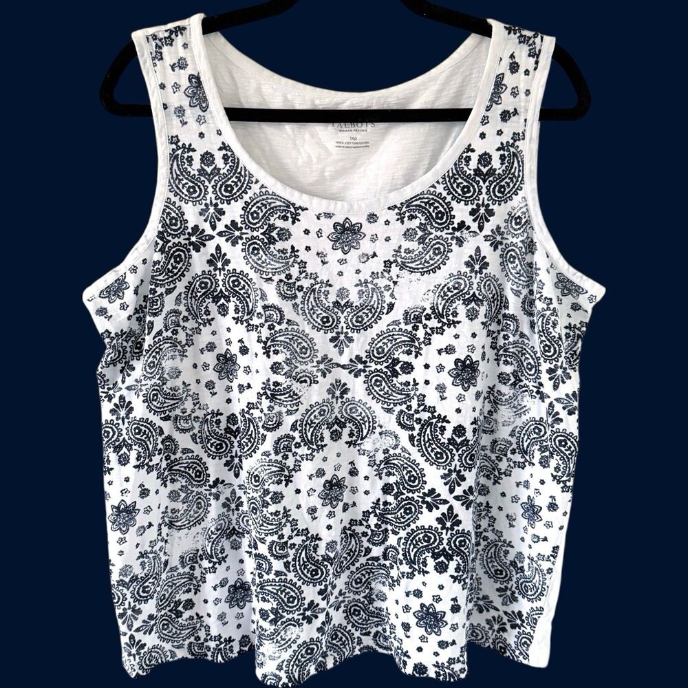 Talbots Bandana Tank Top 1XP Womens Sleeveless Beach Boho White Blue Paisley Tee